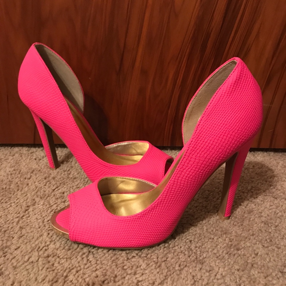 Pink open toe high heel shoes
